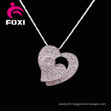 Double Heart Shape White Cubic Zirconia Silver Plated Pendant Necklace